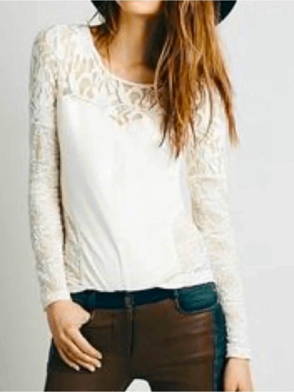 Free People Sweet Thang Cream Lace Yoke Long Sleeve Tee